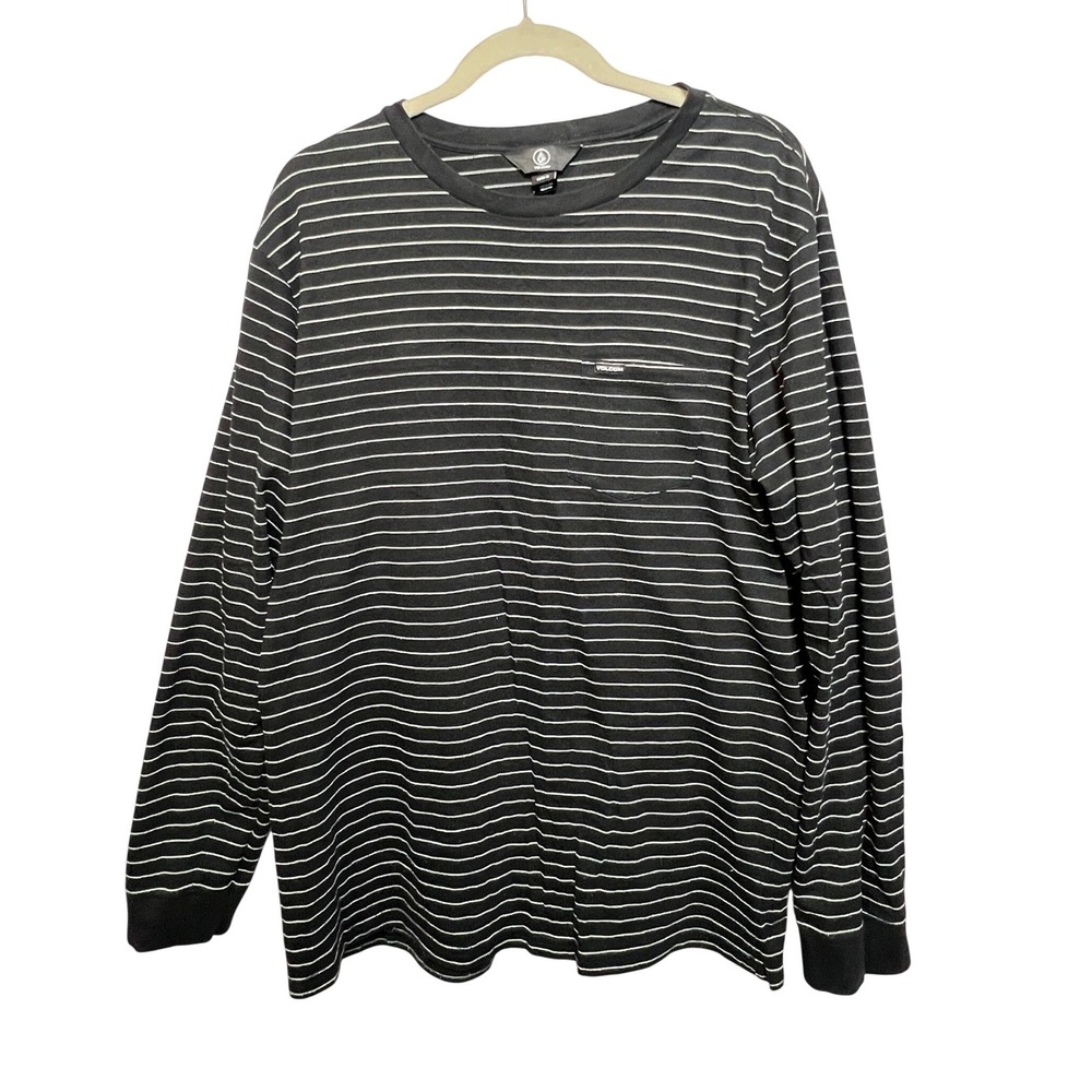Volcom Mens XL Long Sleeve Striped Pocket T-Shirt Black White Skate Tee